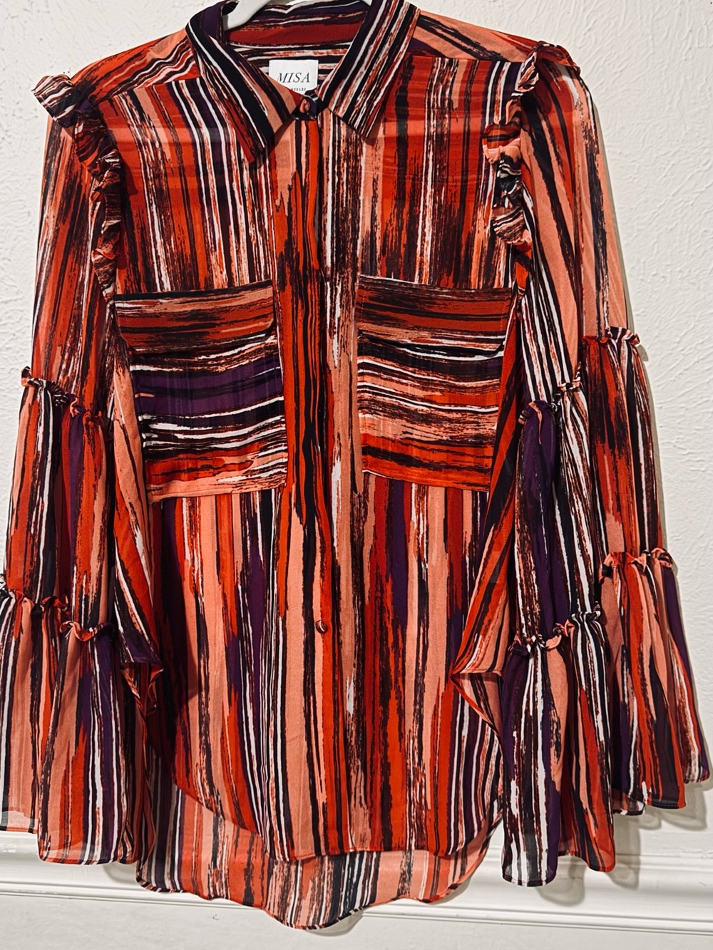 Misa Los Angeles Orange and Purple Striped Ruffle Button-Down Shirt